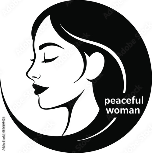 Peaceful Woman Silhouette in Crescent Hair Design. Mindful Female Profile Vector with Flowing Hair.