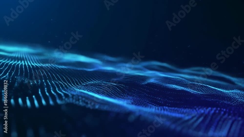 Abstract visualization of flowing digital data wave with motion and particle drift