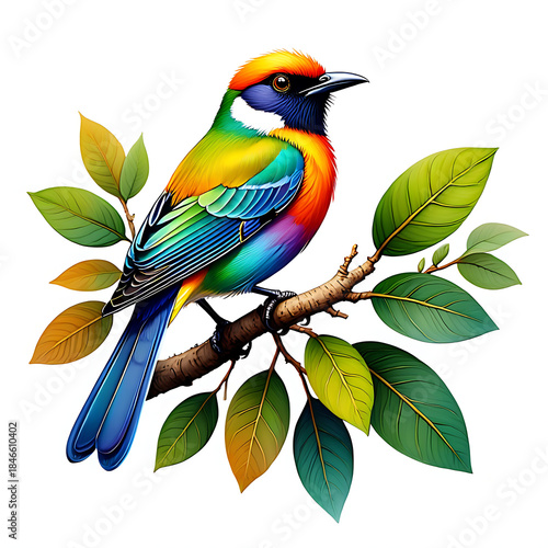 Colorful bird perched on a branch with green leaves