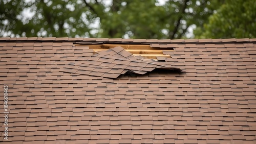 Damaged brown shingled roof with exposed wooden beams and trees in background shingles