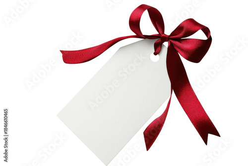 Blank white gift tag with luxurious deep red satin ribbon bow for design on transparent background