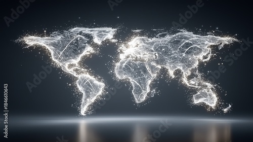 Glowing White World Map Showing Global Digital Connectivity Data Network Connections Across Continents On Black Background
