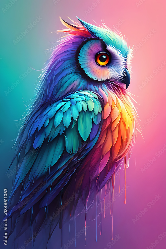 Obraz premium Vibrant Colorful Owl Illustration with Rainbow Feathers