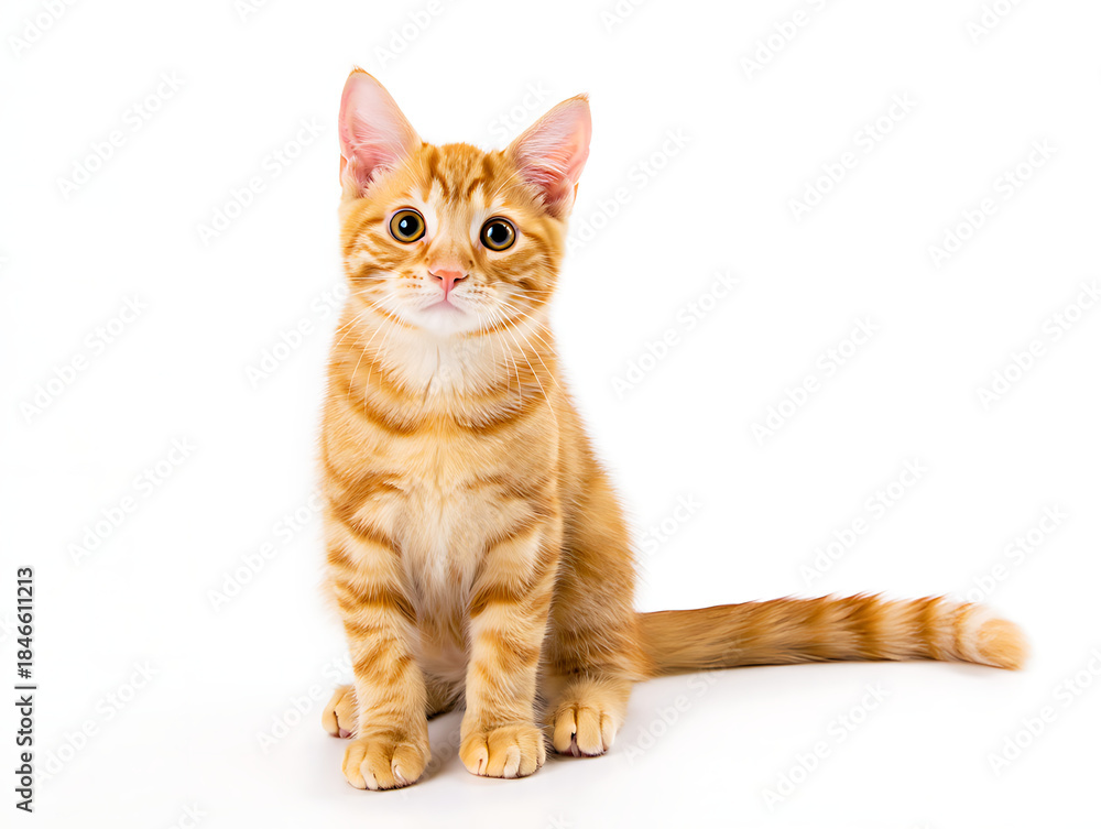 Fototapeta premium Cute orange tabby cat sitting on white background looking up