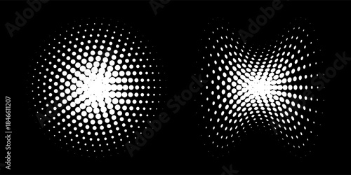 Halftone circular dotted frames set. Circle dots texture isolated on white background. Spotted spray texture. Vector abstract design element spiral circle sound wave vector logo modern black and white
