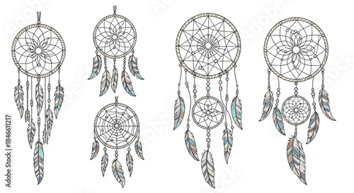 Set of hand-drawn dream catchers with intricate webs beads and colorful feathers in a detailed native american boho style illustration.