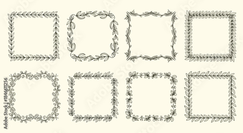 Collection of eight hand-drawn square floral frames with various leaves and branches creating a rustic and natural doodle border set.