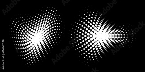 Halftone circular dotted frames set. Circle dots texture isolated on white background. Spotted spray texture. Vector abstract design element spiral circle sound wave vector logo modern black and white