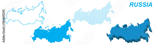 Russia Map Vector Set, Europe Asia Outline Silhouette Dotted 3D Solid Shapes, Russia Country Infographic Template, Editable EPS Russia Geography