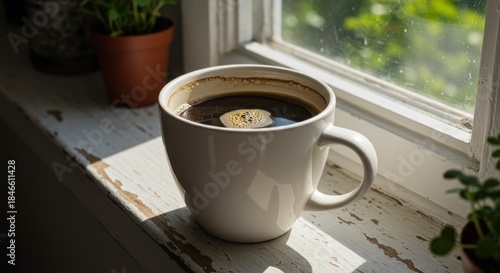 A cup of coffee sitting on a sunlit windowsill