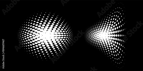Halftone circular dotted frames set. Circle dots texture isolated on white background. Spotted spray texture. Vector abstract design element spiral circle sound wave vector logo modern black and white