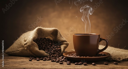 A cup of warm beverage and beans with burlap on a wooden table
