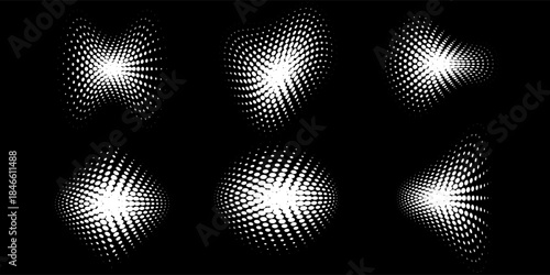 Halftone circular dotted frames set. Circle dots texture isolated on white background. Spotted spray texture. Vector abstract design element spiral circle sound wave vector logo modern black and white