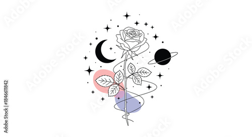 Celestial line art illustration of a single rose surrounded by planets stars and a crescent moon with abstract colorful shapes.