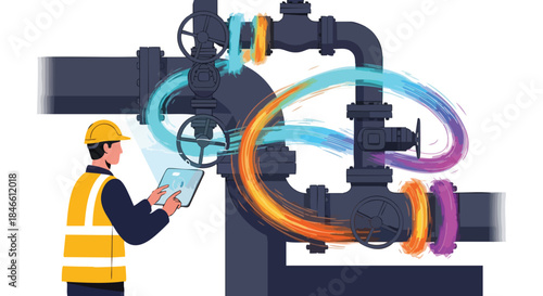 Engineer monitors industrial pipeline flow with digital tablet, visualizing fluid dynamics and system control.