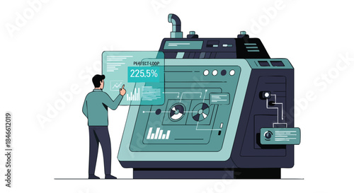 Engineer interacts with advanced industrial machinery displaying real-time data and performance metrics on a futuristic holographic interface.