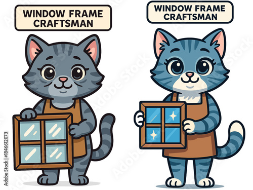 Two cartoon cats as skilled craftsmen holding window frames and showcasing their work in a cheerful manner