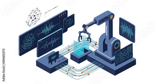 Advanced robotic arm performing intricate tasks with futuristic digital interfaces displaying data and complex algorithms.