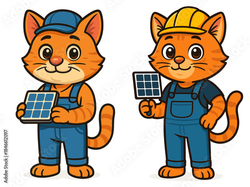 Cartoon cat characters in overalls and hard hats showcasing solar panel technology outdoors