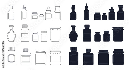 Large set of medical and cosmetic bottles and jars shown in both outline and silhouette styles for various packaging designs.