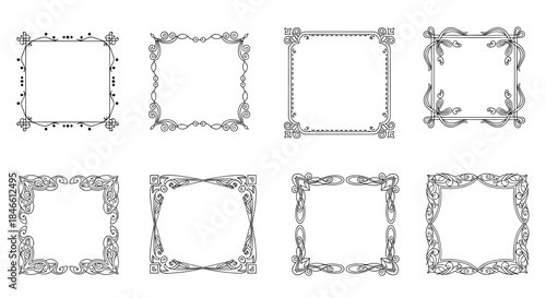 Collection of eight elegant square vintage frames with detailed calligraphic flourishes and ornate swirls for decorative classic borders.