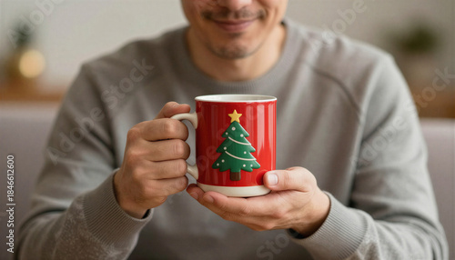 A smiling man in a cozy sweater, What Mood: Warm and content, What He Is Doing: Holding a festive Christmas tree mug, What It Represents: Holiday comfort or seasonal drink ritual, Against What Backgro