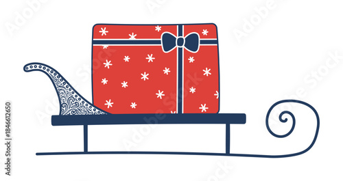 Sled, sledge, sleigh carrying Christmas present isolated on transparent background. Hand drawn line drawing vector illustration. Traditional holiday, Christmas, seasonal design element, clip art
