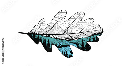 Double exposure style illustration of an oak leaf containing a detailed mountain landscape with a river and pine forest inside.