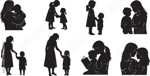 Mother and child silhouettes in various loving poses