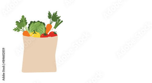 Simple illustration of a paper grocery bag filled with fresh vegetables like carrots lettuce and tomatoes with copy space on the right.