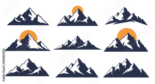 Set of nine mountain range icons with snow-capped peaks and some featuring a rising or setting sun for adventure logo designs.