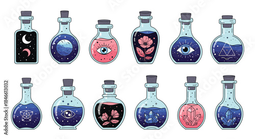 Collection of magical potion bottles in various shapes filled with colorful liquids containing celestial elements flowers and crystals.