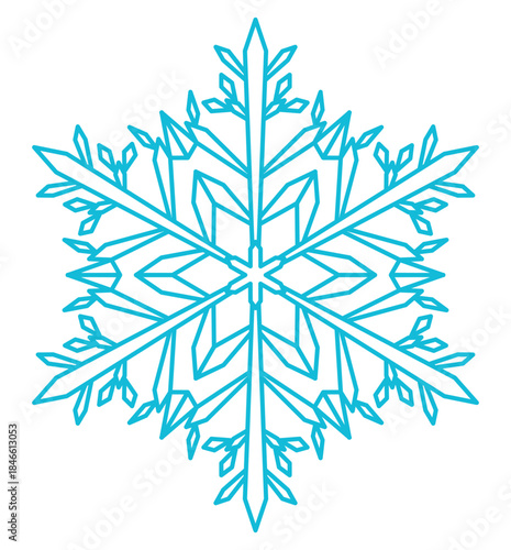 Single snowflake isolated on transparent background. Line drawing. Hand drawn vector illustration, editable stroke. Seasonal winter design element, clip art. Falling snow, frozen water, ice crystal
