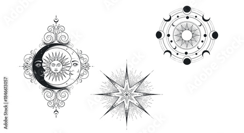 Collection of three mystical celestial symbols including a sun and moon in an ornate frame a starburst and a moon phase wheel.