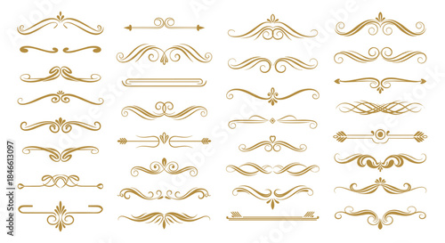 Large set of elegant golden calligraphic dividers with a grunge texture featuring vintage swirls and flourishes for text separation.