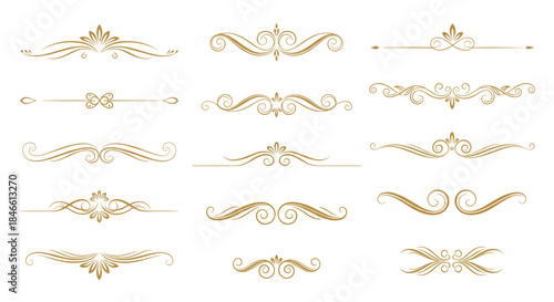 Collection of golden vintage calligraphic dividers with elegant swirls and flourishes perfect for classic and luxurious text decoration.
