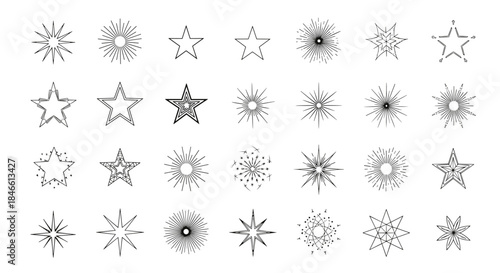 Large collection of star and starburst icons in various geometric and hand-drawn line art styles for decorative and celestial designs.