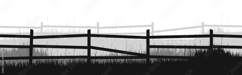 Fototapeta premium Meadow silhouettes with grass and old wooden fence. Countryside, panoramic summer lawn rural landscape with herbs, weeds. Herbal border, frame element. Black horizontal banners. Vector illustration