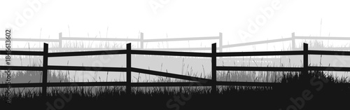 Meadow silhouettes with grass and old wooden fence. Countryside, panoramic summer lawn rural landscape with herbs, weeds. Herbal border, frame element. Black horizontal banners. Vector illustration
