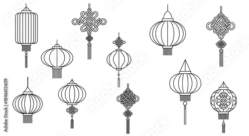 Collection of traditional Chinese lanterns and lucky knots drawn in a clean and simple black outline style for cultural designs.