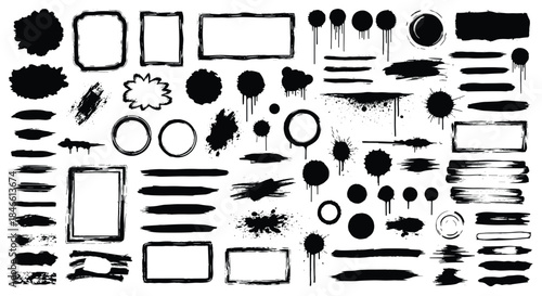 Massive collection of black grunge design elements including brush strokes ink splatters drips and various frames for artistic projects.