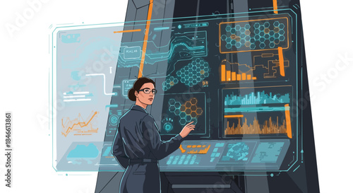 A focused female scientist meticulously analyzes complex data on an advanced holographic interface, driving innovation in a high-tech research environment.