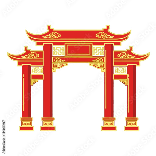Traditional Red Chinese Gate Illustration with Intricate Golden Decorations, Representing Culture and Heritage