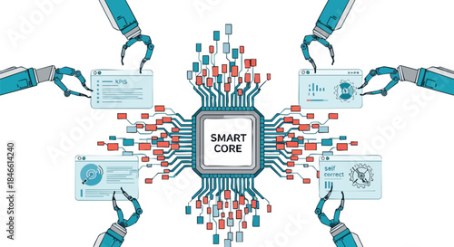Robotic arms interact with a central smart core processor surrounded by data streams and digital interfaces, illustrating advanced technology.