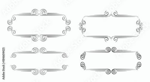 Collection of four vintage rectangular frames and dividers with grunge texture and elegant swirl ornaments for a retro design aesthetic.