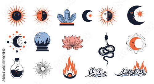 Collection of mystical and esoteric symbols including sun moon snake fire water and a crystal ball for magical and spiritual designs.