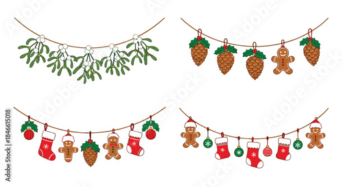 Set of four festive Christmas garlands featuring mistletoe pine cones gingerbread men and stockings in a cute pixel art style.