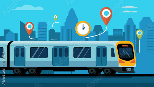 modern train traveling through a city with map and time icons vector illustration