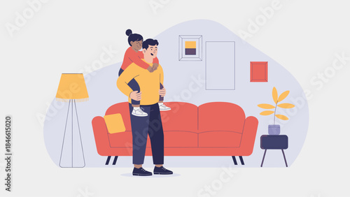 father giving his daughter a piggyback ride at home vector illustration 