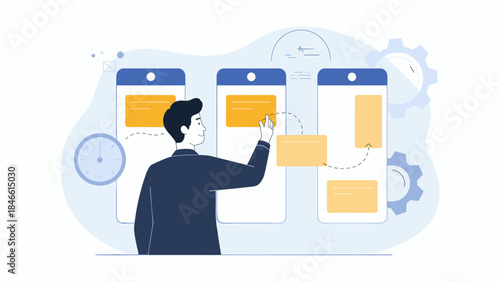 man organizing tasks on a digital board vector illustration, project management, workflow optimization, and agile development